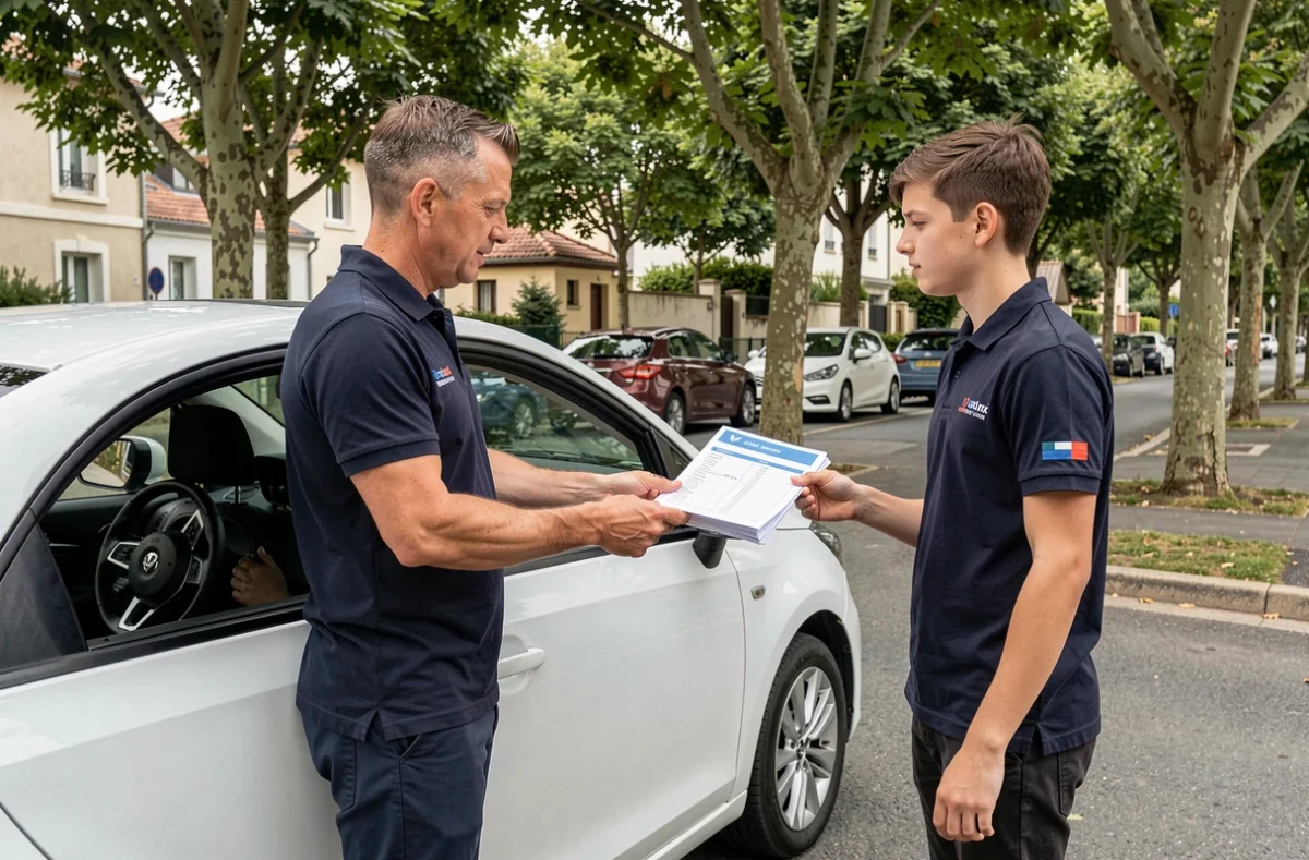Moniteur d'auto-école remettant les résultats du permis de conduire à un élève devant un véhicule école