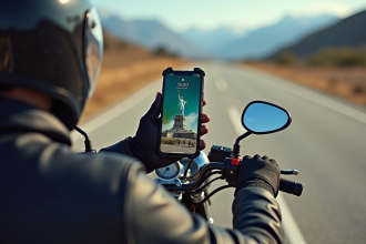 Motard vérifiant son smartphone avec l'application Liberty Rider