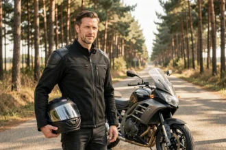 Motard avec casque sous le bras devant sa moto sur une route des Landes près de Dax