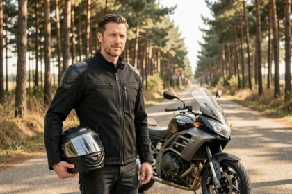 Motard avec casque sous le bras devant sa moto sur une route des Landes près de Dax