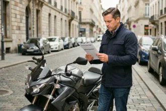 Motard étudiant un document d'assurance moto devant sa moto garée en ville