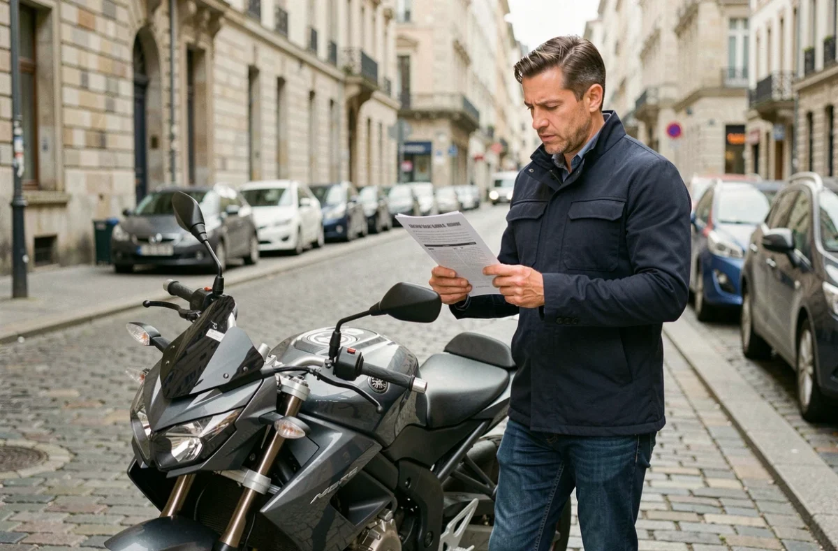 Motard étudiant un document d'assurance moto devant sa moto garée en ville
