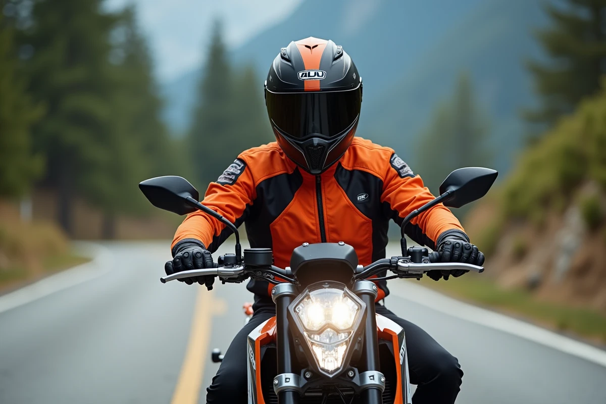 Jeune motard en tenue homologuée sur une KTM Duke 125 2026 en route de montagne, ambiance reportage moto sur route sinueuse alpine