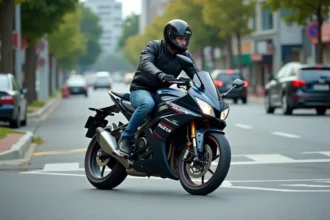 Jeune motard en ville sur une moto sportive Suzukistyle