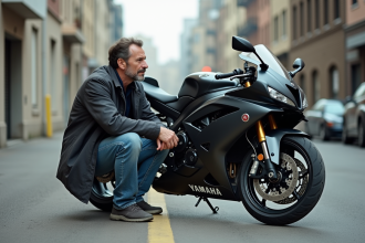 Motard homme en jeans et veste noire à côté d'une Yamaha R1 en ville