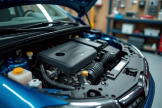 Moteur 1.5 dCi Renault visible dans le compartiment moteur d'un véhicule compact en atelier mécanique