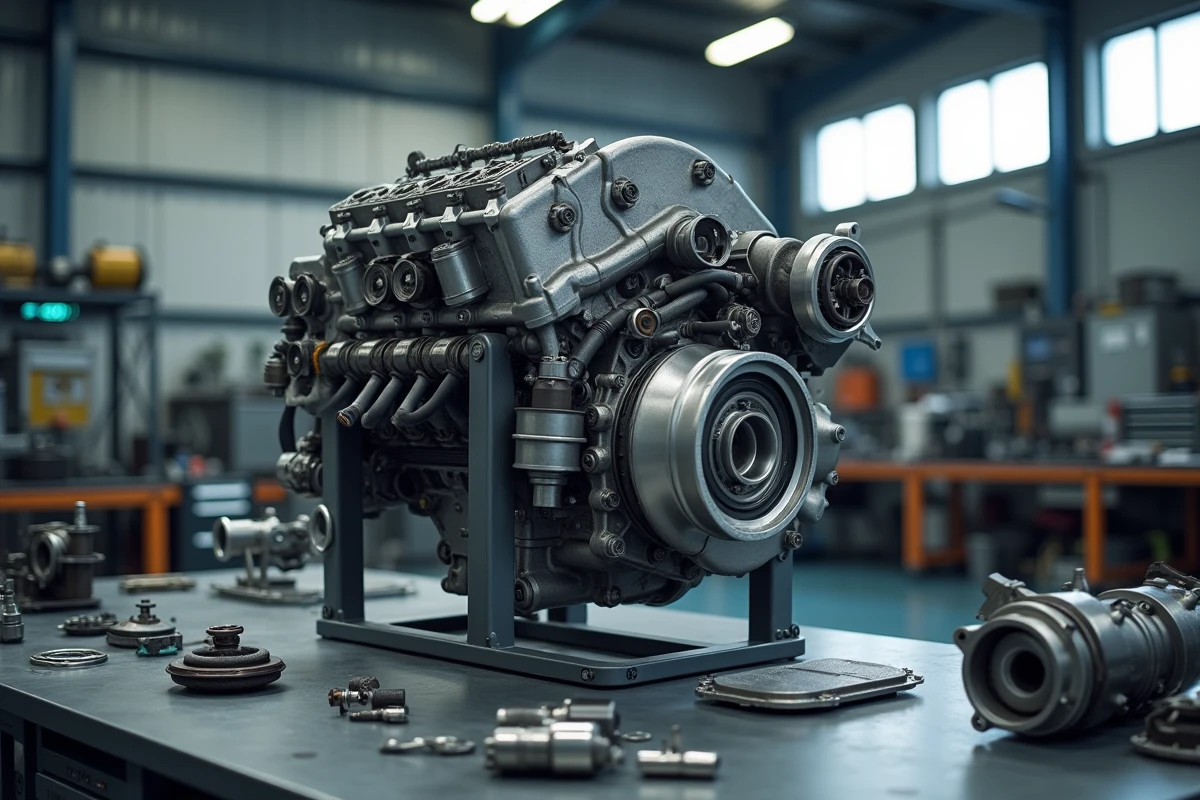 Moteur 1.5 dCi Renault démonté sur établi avec turbo et injecteurs visibles en atelier professionnel