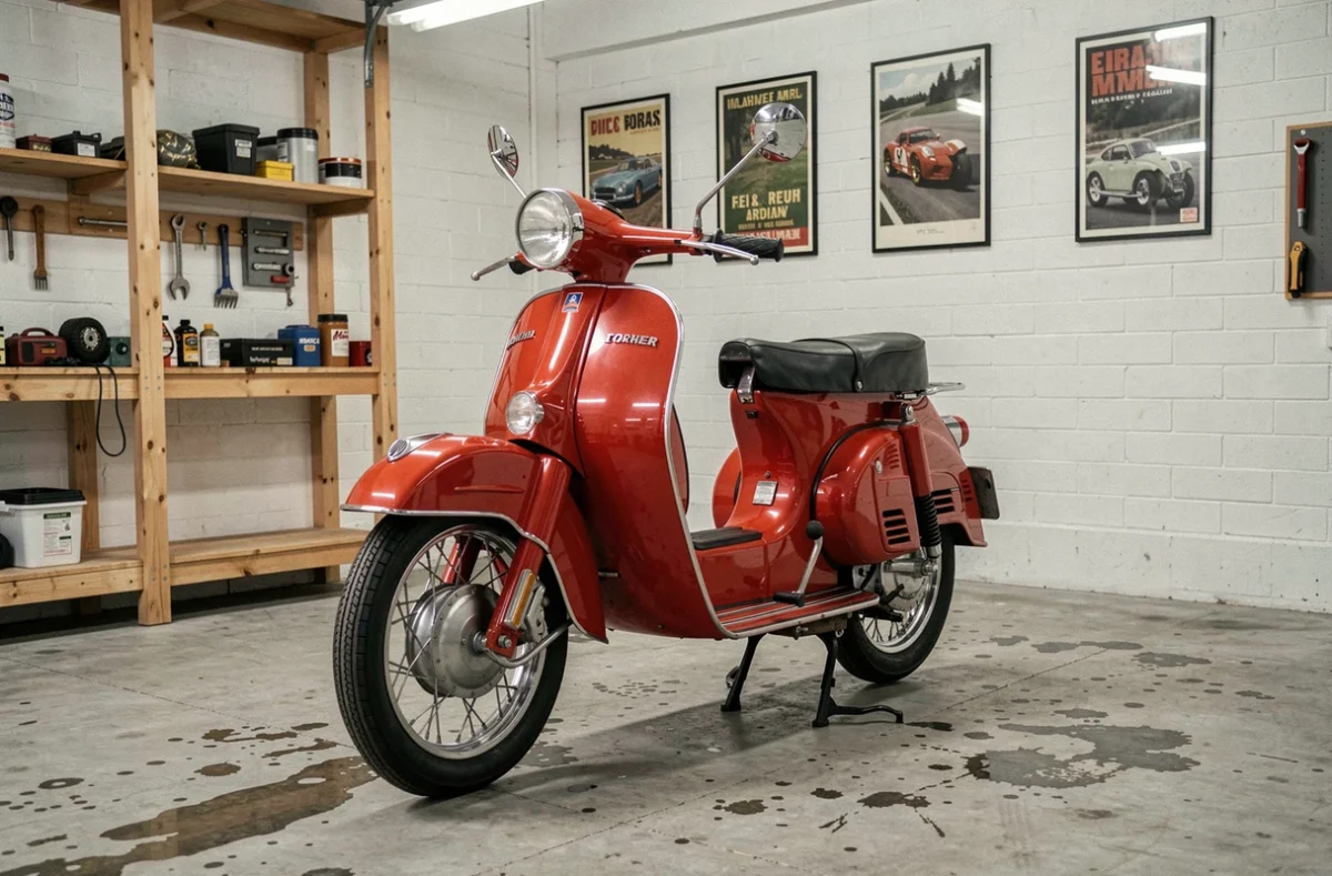 Moto de collection italienne des années 60 chromée et rouge exposée dans un garage privé avec murs en briques blanches et étagères en bois