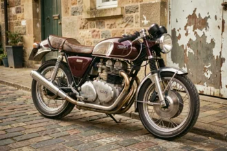 Moto de collection vintage années 70 garée sur des pavés devant un mur en pierre, reflets chromés et selle en cuir usé