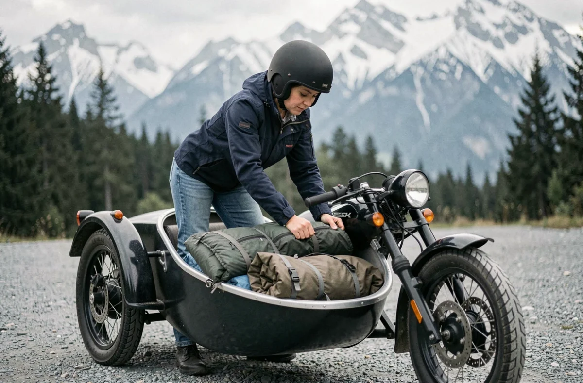 Femme équipant le side-car d'une moto 1200cc avec du matériel de camping en montagne avant un voyage