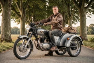 Motocycliste en veste de cuir assis sur une moto sidecar 650cc sur une route rurale française bordée de platanes