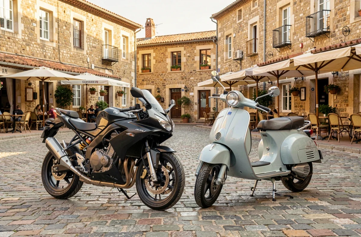 Deux motos garées sur une place pavée du centre-ville de Dax aux Landes