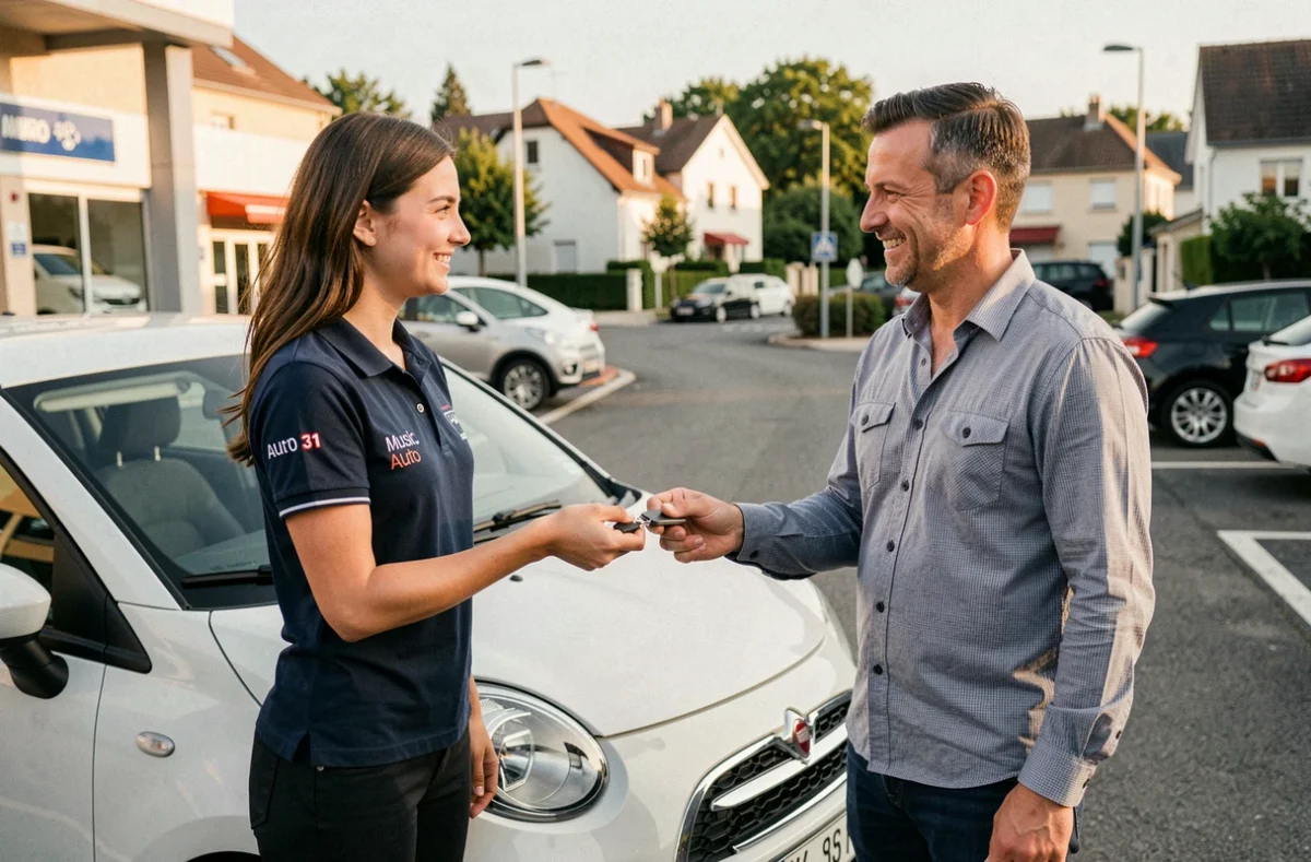Remise de clés d'un véhicule d'occasion par une vendeuse chez Music Auto 31