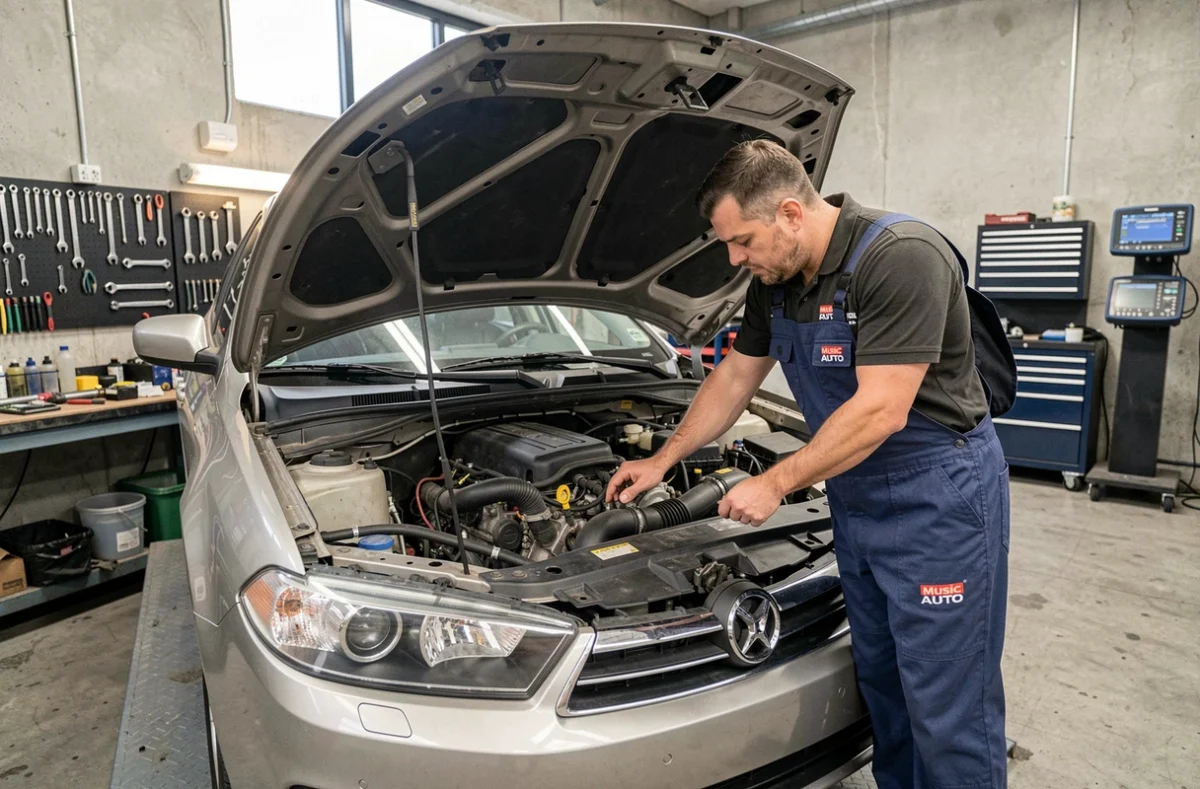Technicien inspectant un véhicule d'occasion dans l'atelier de Music Auto