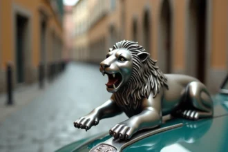 Gros plan sur l'ornement de capot lion Peugeot en chrome sur une voiture classique des années 1960, détails héraldiques visibles