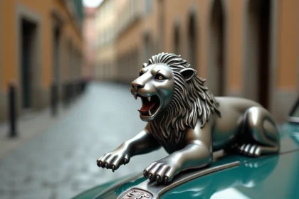 Gros plan sur l'ornement de capot lion Peugeot en chrome sur une voiture classique des années 1960, détails héraldiques visibles