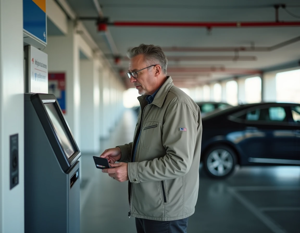 Homme payant son stationnement à une borne de parking moderne avec carte bancaire dans un parking urbain