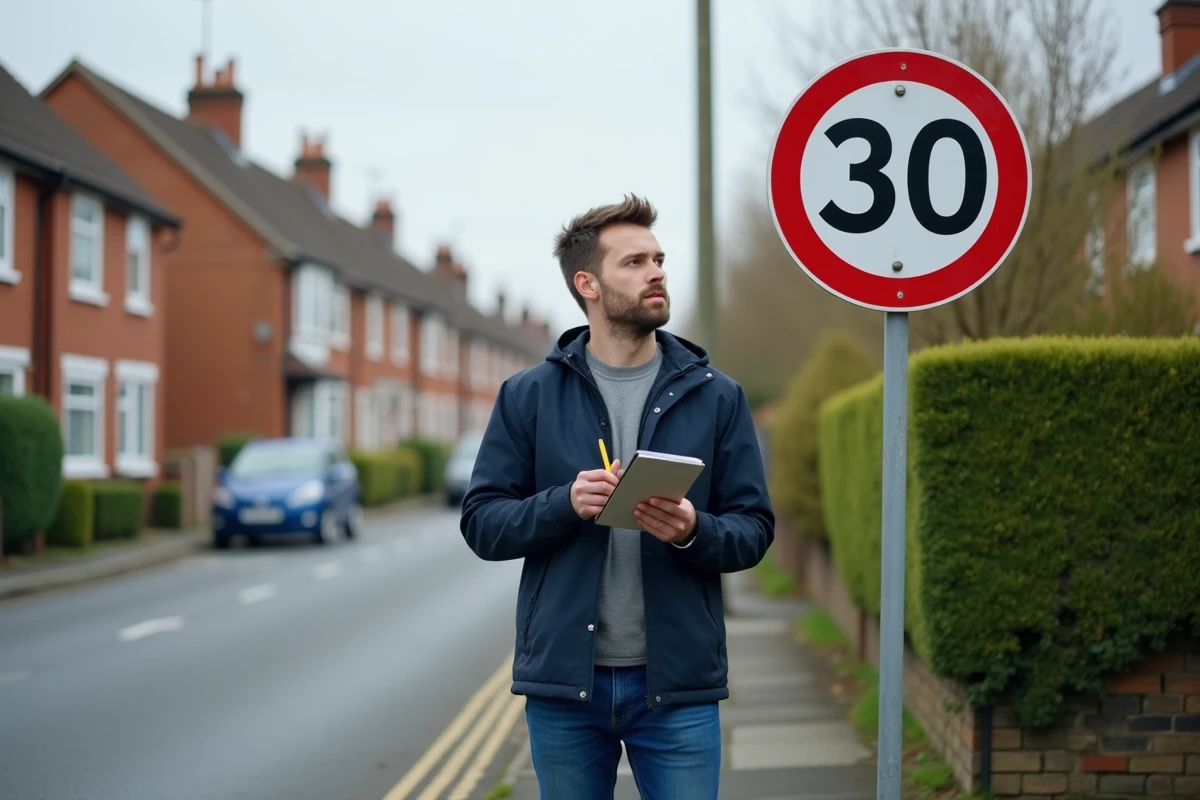 Personne consultant un panneau de limitation à 30 mph dans une rue résidentielle britannique en notant la conversion en km/h