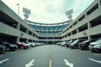Parking extérieur du Stade de France avec rangées de véhicules garés sur bitume et façade du stade en arrière-plan