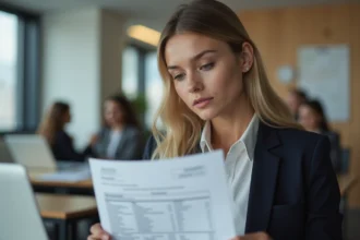 Jeune femme professionnelle consultant son résultat d'examen de permis de conduire dans un bureau moderne