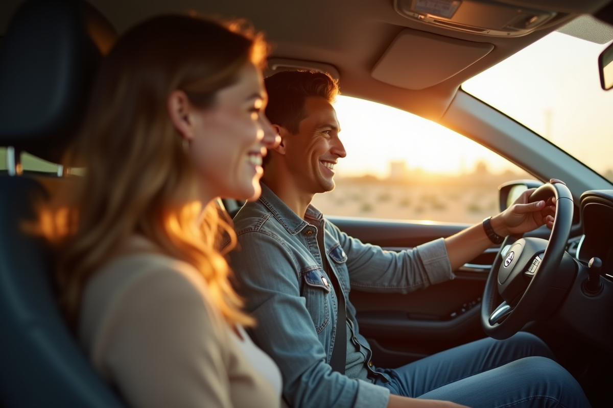 Deux personnes souriantes dans une voiture en journée