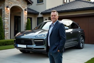 Homme passionne de Porsche devant un Cayenne S Magnum