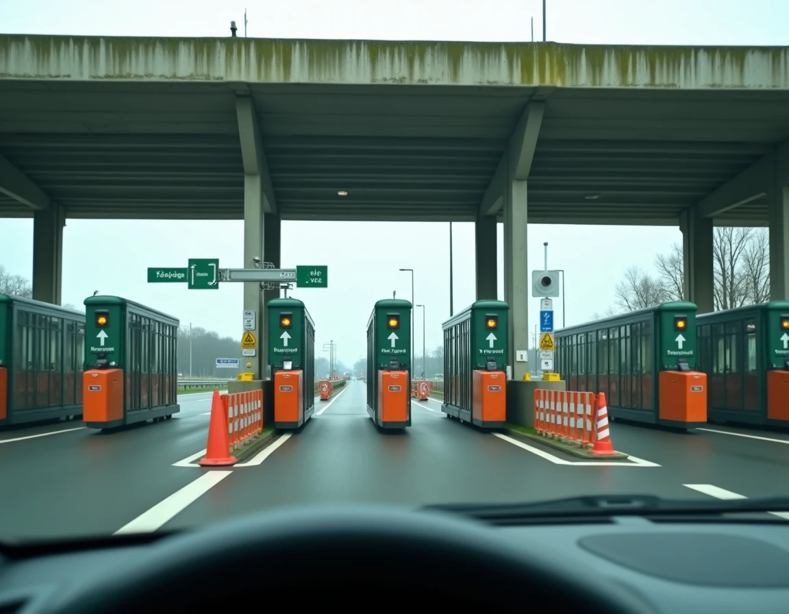 Péage d'autoroute en France avec barrières et panneaux de télépéage, coût du trajet en voiture