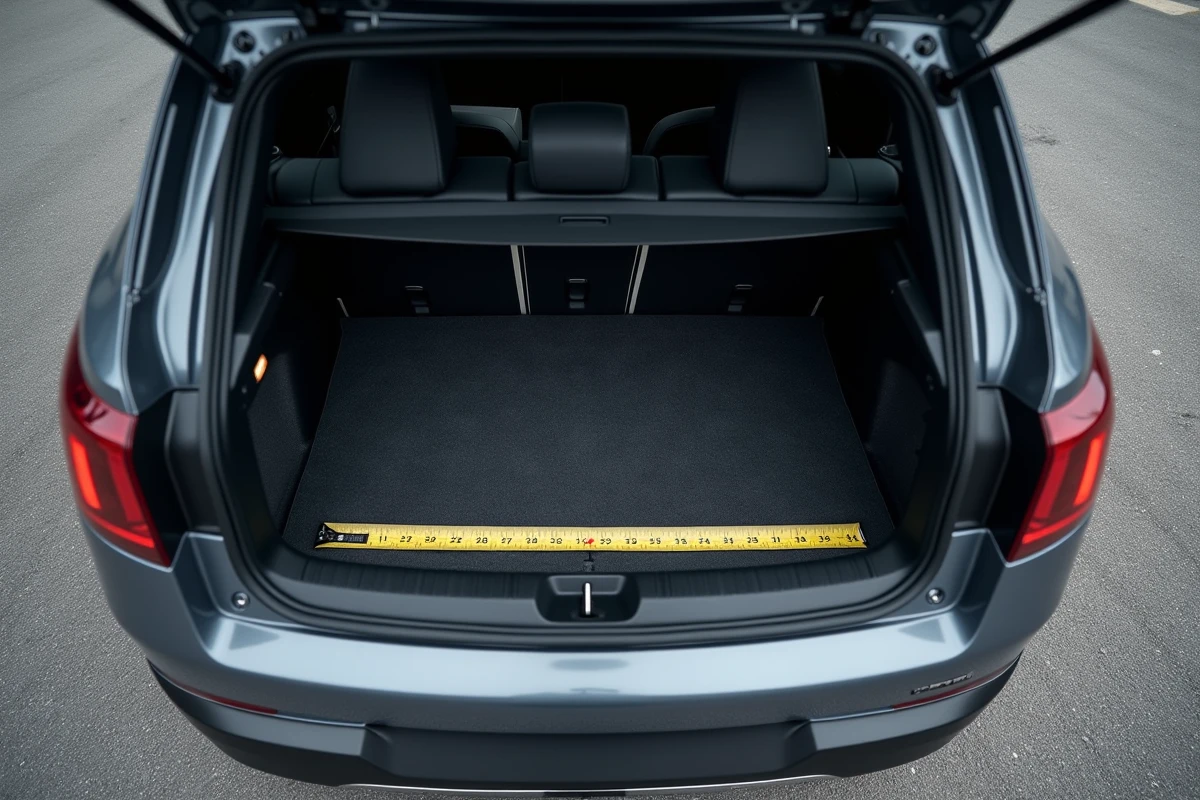Vue aérienne du coffre ouvert d'une Peugeot 2026 avec mètre ruban illustrant les dimensions intérieures