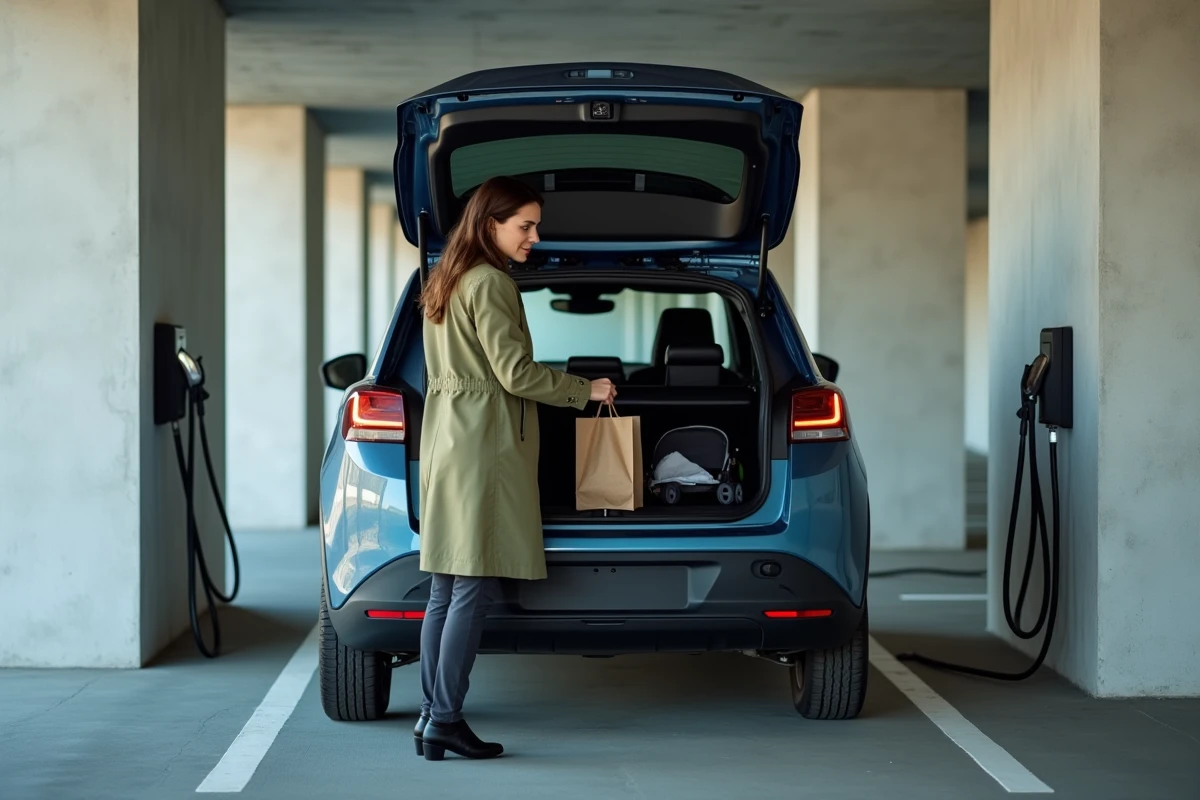 Femme chargeant le coffre d'une Peugeot électrique 2026 dans une station de recharge urbaine