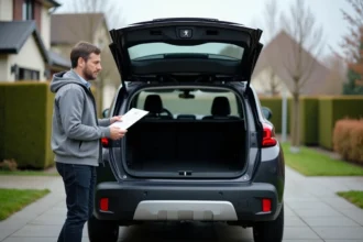 Homme comparant le volume du coffre d'une Peugeot 2026 ouverte dans une allée résidentielle