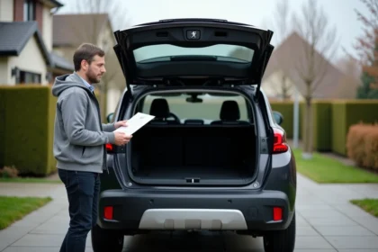Homme comparant le volume du coffre d'une Peugeot 2026 ouverte dans une allée résidentielle