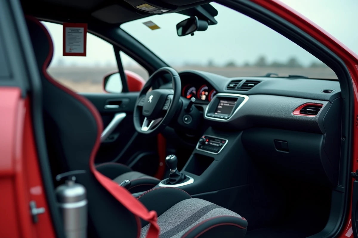 Intérieur cockpit d'une Peugeot 208 de course avec arceau, tableau de bord numérique et harnais de sécurité