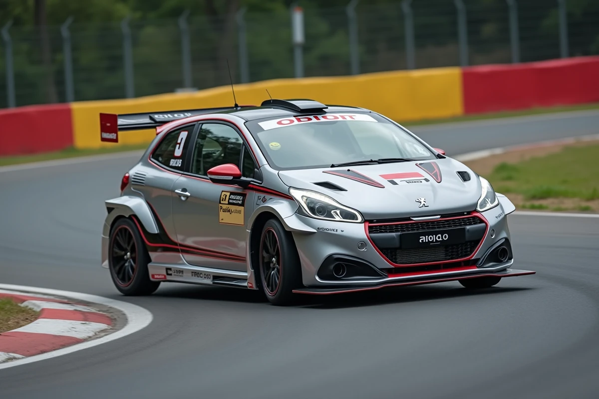 Peugeot 208 Racing en pleine action dans un virage sur circuit asphalté, vue en contre-plongée côté piste