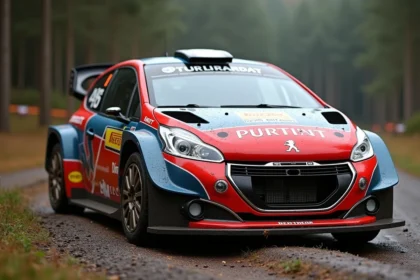Peugeot 208 Rallye en livrée compétition garée sur une zone de service en graviers, vue trois quarts avant