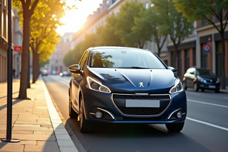 Peugeot 208 stationnée en ville en plein soleil