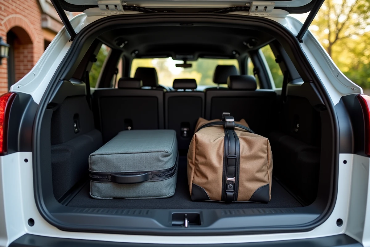 Intérieur du coffre d'une Peugeot 3008 avec bagages et sièges rabattus pour volume maximal