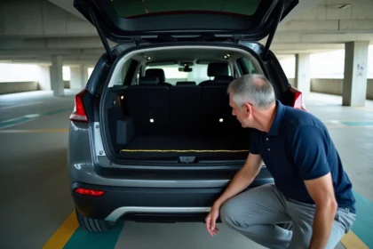 Coffre ouvert d'une Peugeot 3008 avec volume mesuré dans un parking souterrain