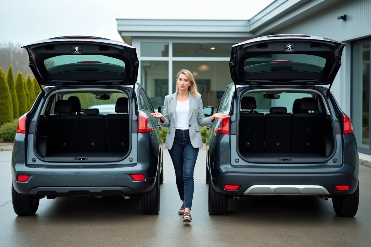 Comparaison du coffre de deux finitions de Peugeot 3008 côte à côte chez un concessionnaire