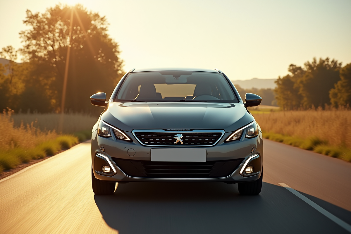 Peugeot 308 GT Line en conduite sur route ensoleillee