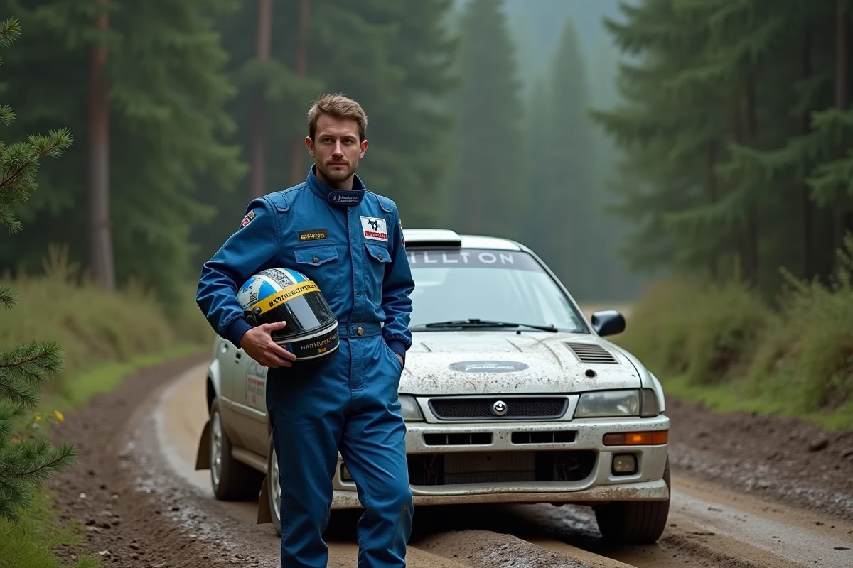Pilote de rallye des années 90 avec combinaison bleue et casque