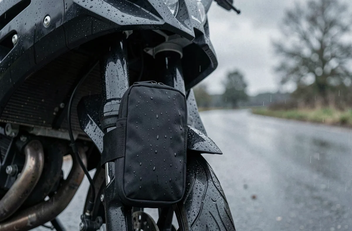 Porte-vignette moto imperméable fixé sur fourche sous la pluie, vue en conditions réelles de conduite