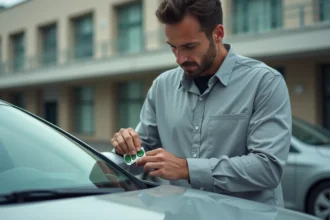 Homme collant une vignette Crit'Air verte sur le pare-brise d'une voiture dans un parking urbain