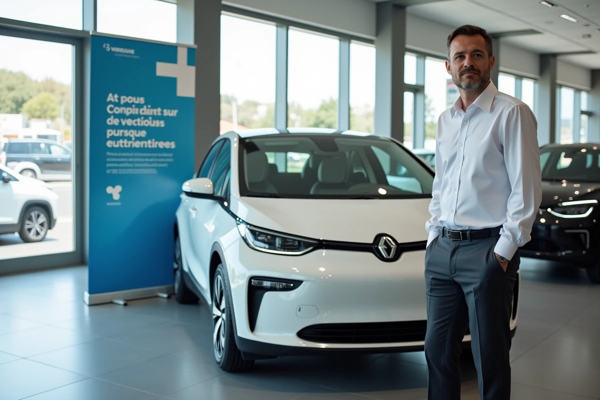 Conseiller commercial dans un showroom automobile français présentant une voiture électrique avec une bannière sur la prime à la conversion