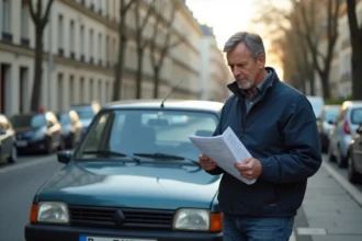 Homme tenant des documents sur la prime à la conversion automobile devant une vieille voiture diesel dans une rue de banlieue française