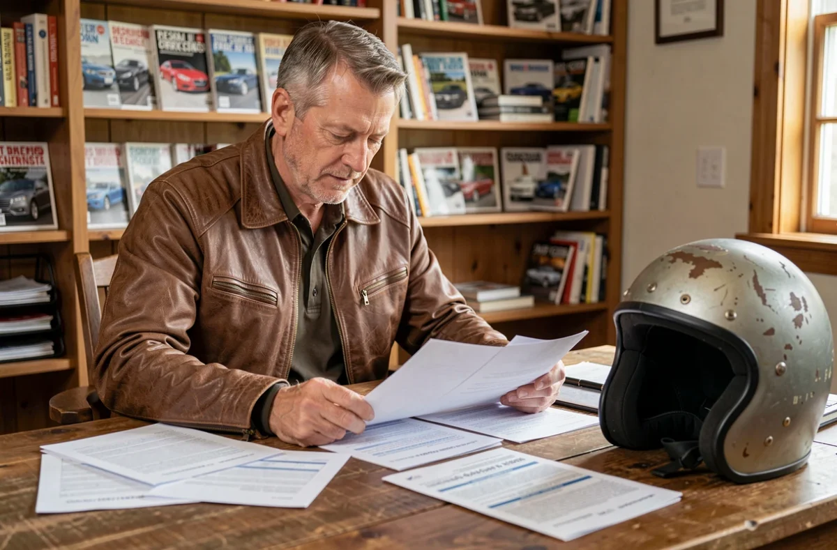 Homme d'une cinquantaine d'années examinant des documents d'assurance moto de collection dans un bureau rustique avec casque vintage posé sur le bureau