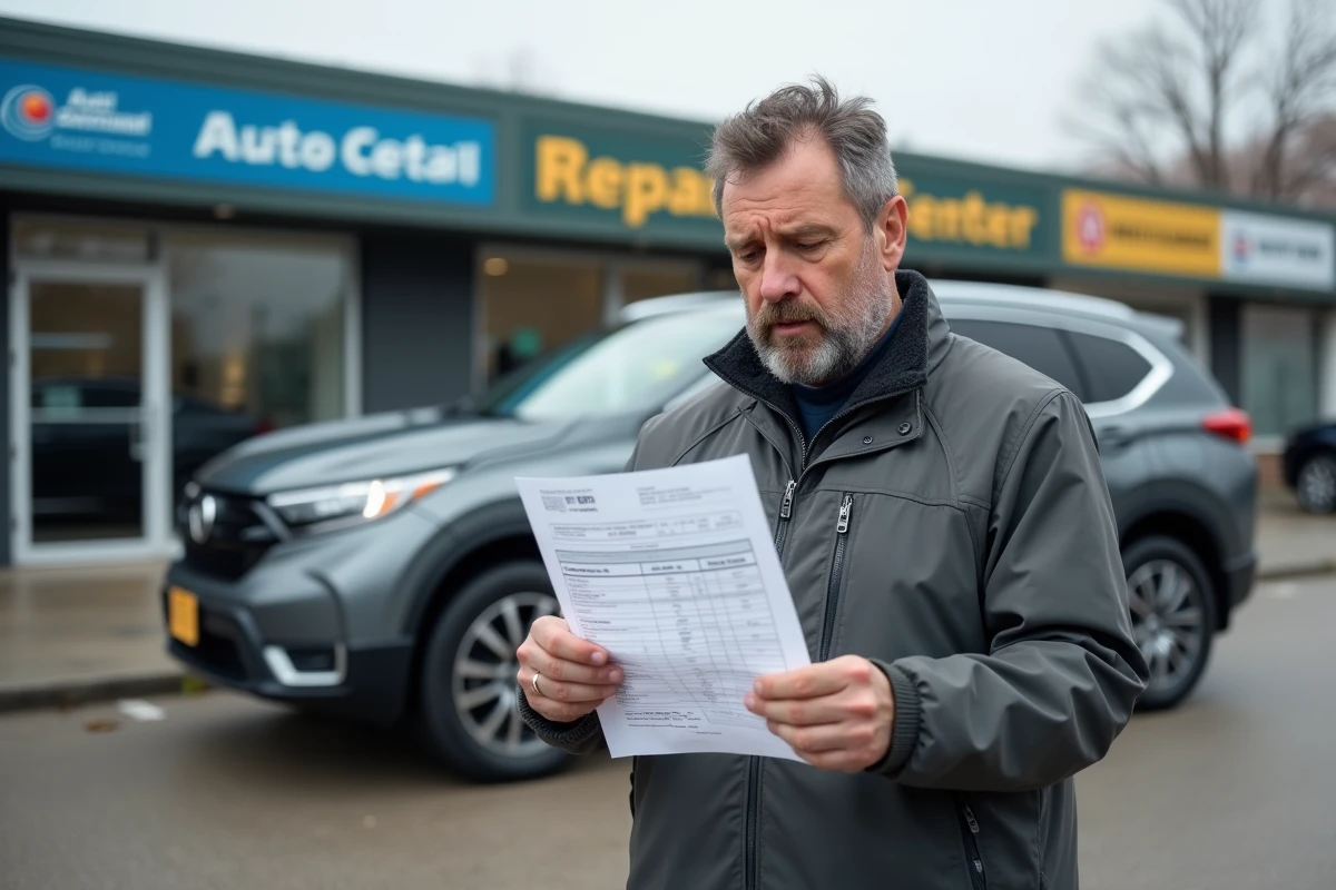 Propriétaire de voiture lisant une facture de garage avec scepticisme dans un parking suburban