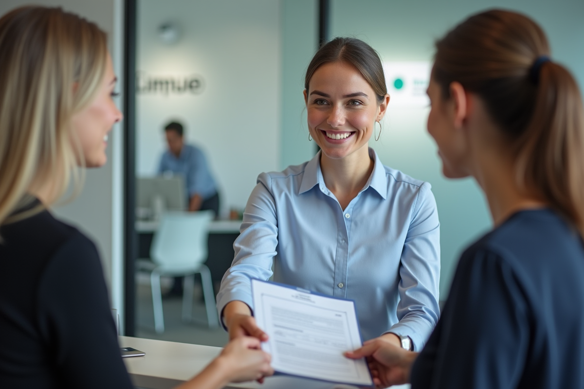 Réceptionniste souriante remettant un certificat d