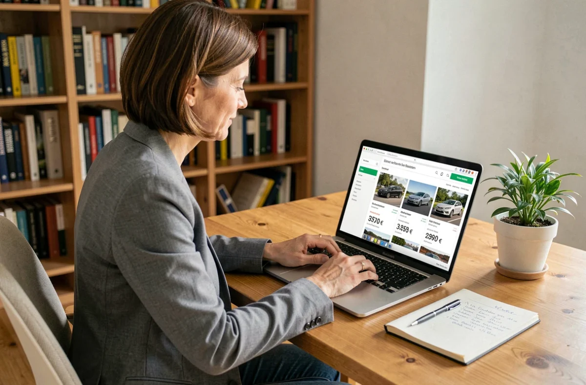 Femme recherchant des voitures électriques sur un site allemand de vente en ligne depuis son bureau à domicile