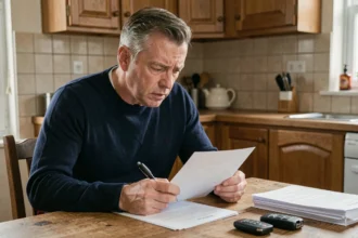 Homme lisant une lettre de réclamation SAV Peugeot à une table de cuisine avec les clés de voiture posées à côté