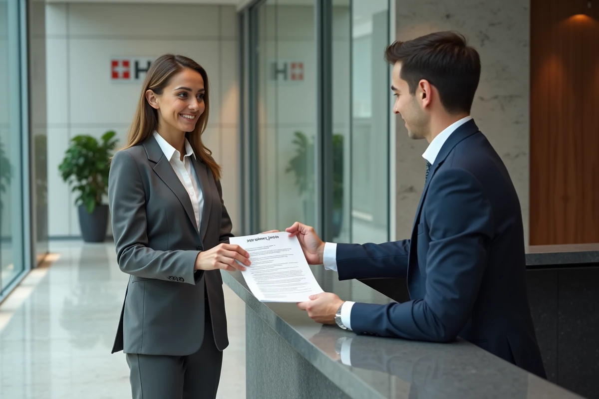 Femme remettant son résultat d'examen de permis de conduire à un responsable RH dans le hall d'une entreprise